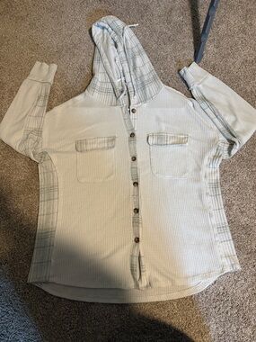 BKE Cream Waffle Knit Hooded Button-Up